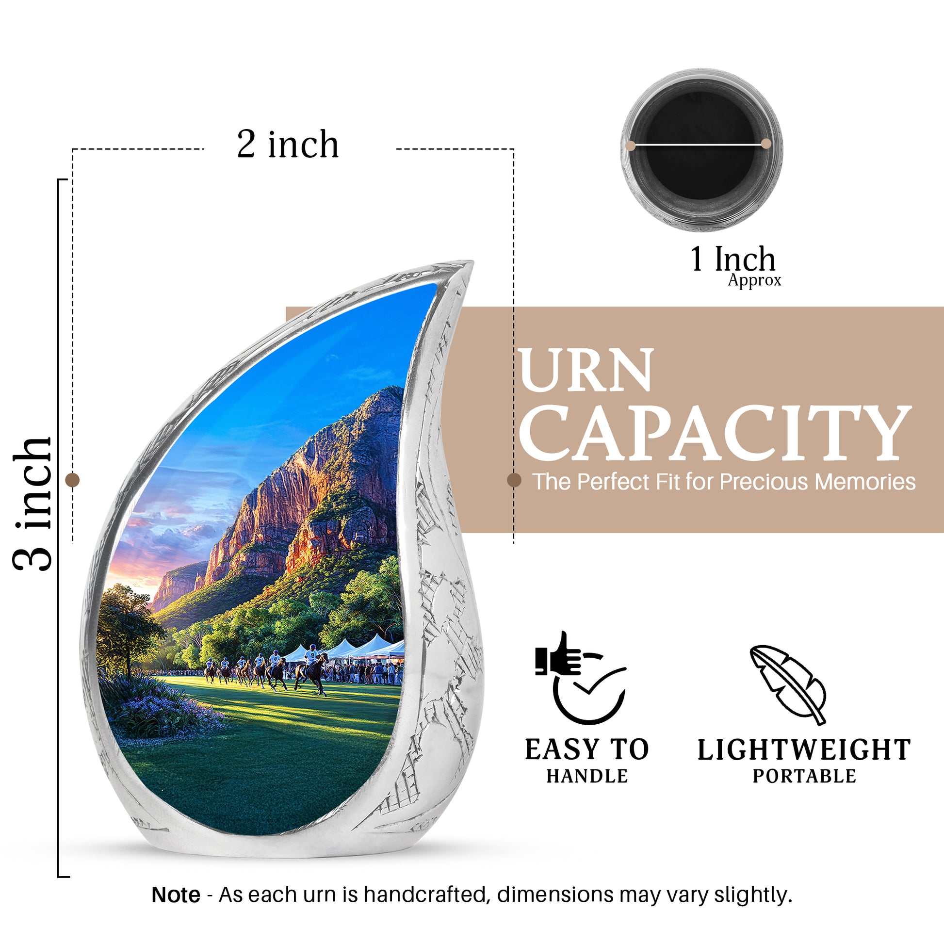 Royal Purple Horse Polo Cremation Urn angled view of lid and engraved motif - graceful tear-shaped urn with horse polo motif - mini keepsake memorial for portion of cremation ashes