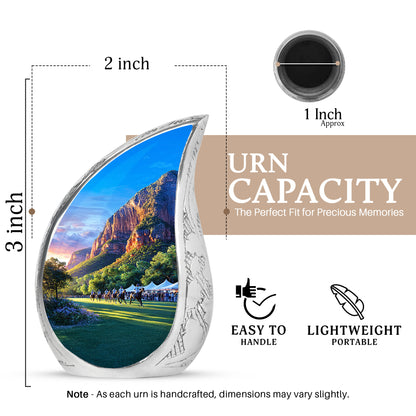 Royal Purple Horse Polo Cremation Urn angled view of lid and engraved motif - graceful tear-shaped urn with horse polo motif - mini keepsake memorial for portion of cremation ashes