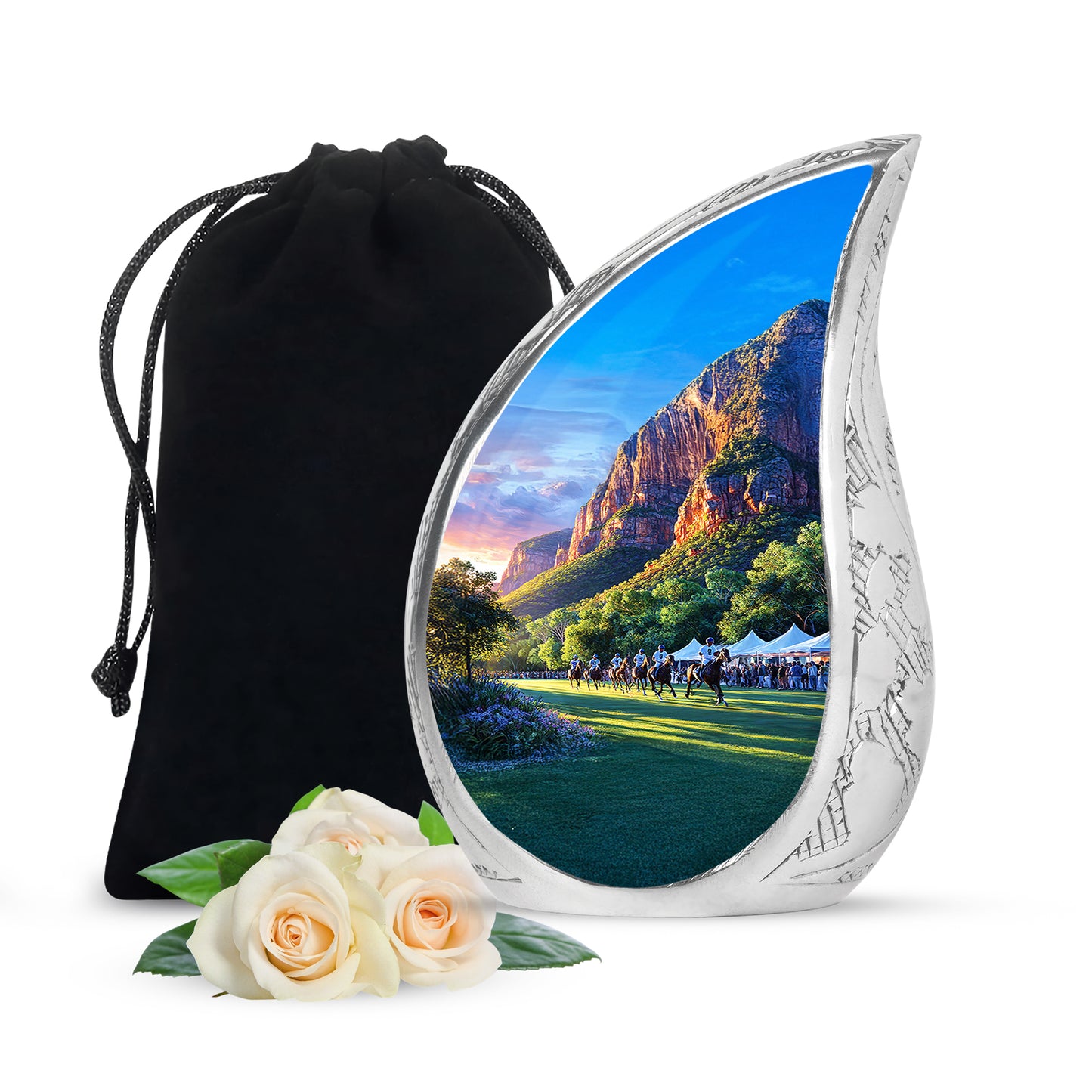 Majestic Purple Horse Polo Cremation Urn front view showing detailed design - flowing teardrop horse polo silhouette on curved aluminum - full-size 10 inch 200 cubic inch adult cremation urn
