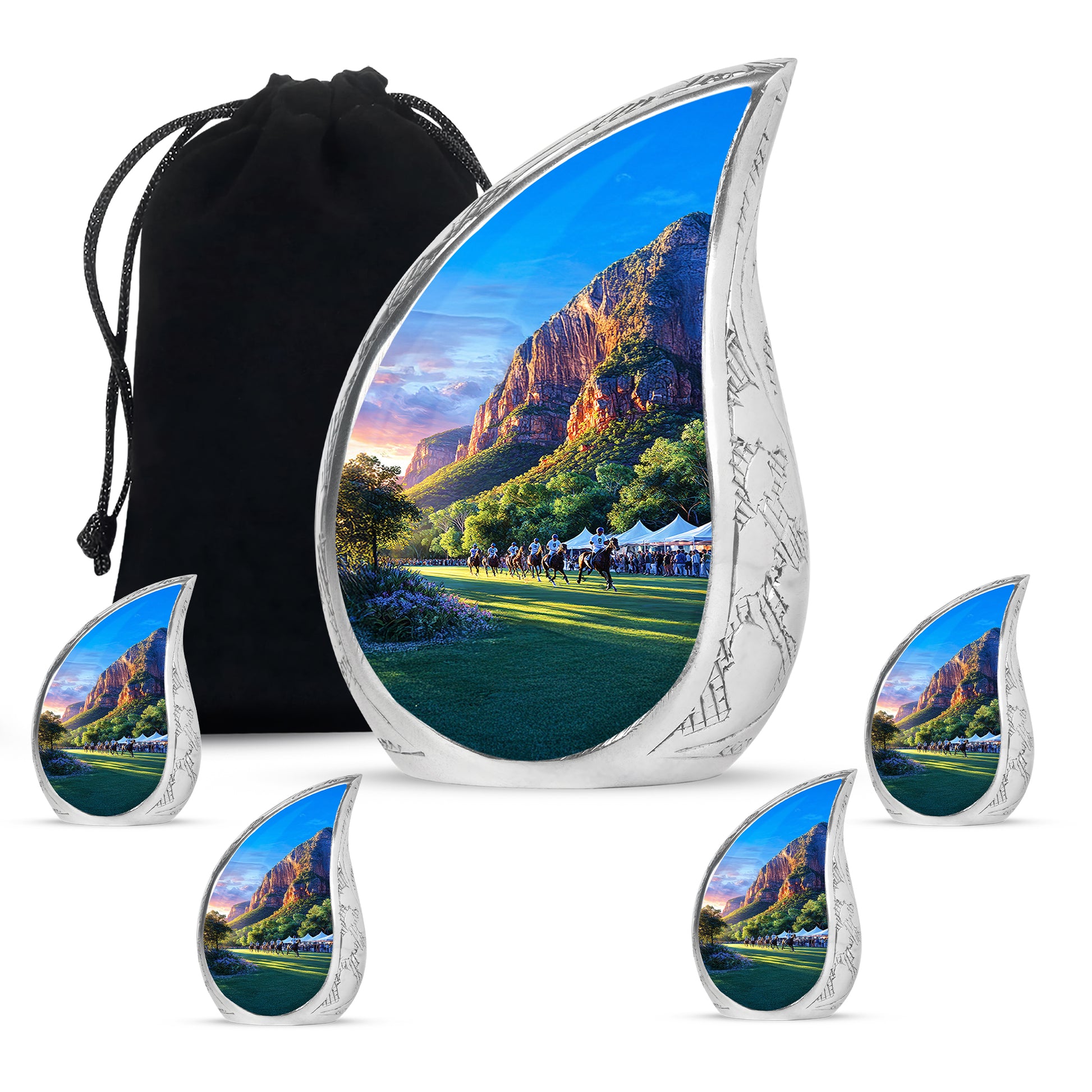Twilight Purple Horse Polo Cremation Urn side profile showing urn shape - graceful tear-shaped urn with horse polo motif - memorial set with one large and four small urns