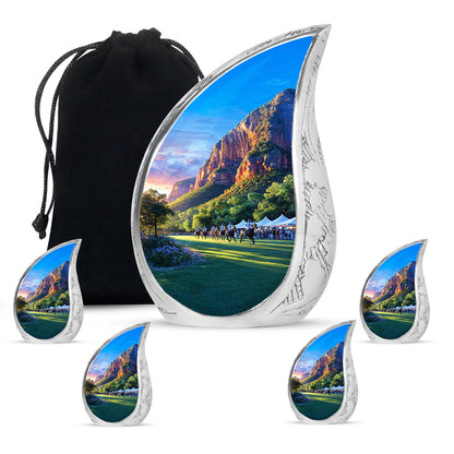 Twilight Purple Horse Polo Cremation Urn side profile showing urn shape - graceful tear-shaped urn with horse polo motif - memorial set with one large and four small urns