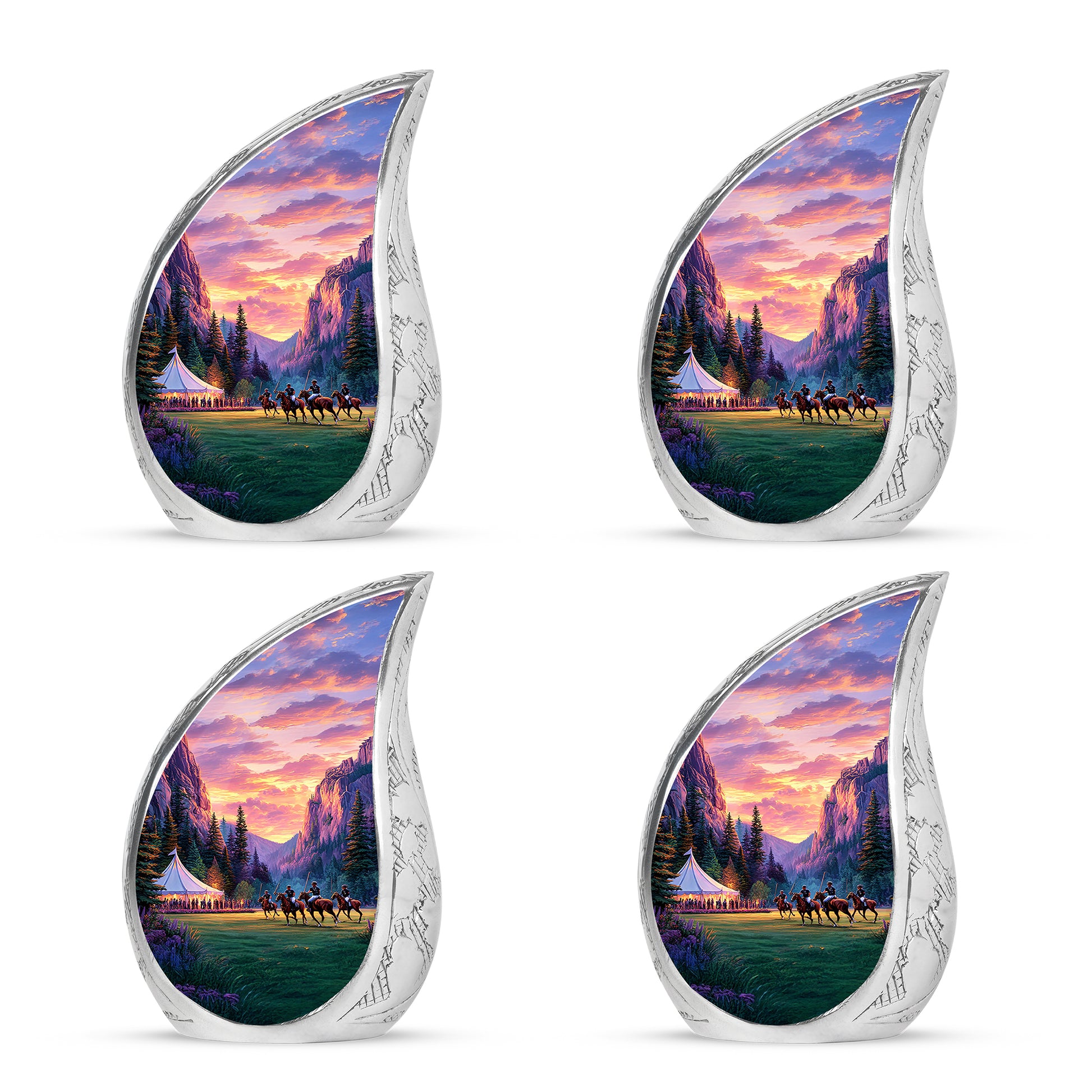 Harvest Gold Horse Polo Cremation Urn close-up of engraving and surface detail - smooth teardrop contour featuring horse polo art - 10 inch aluminum urn for cremated remains