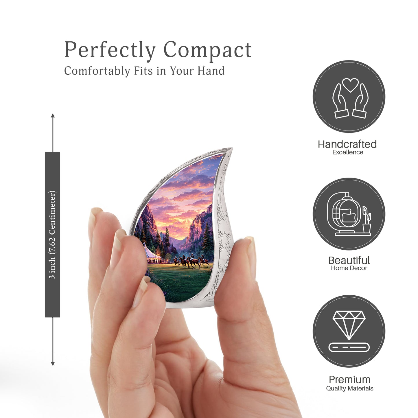 Sunrise Gold Horse Polo Cremation Urn angled view of lid and engraved motif - flowing teardrop horse polo silhouette on curved aluminum - mini keepsake memorial for portion of cremation ashes