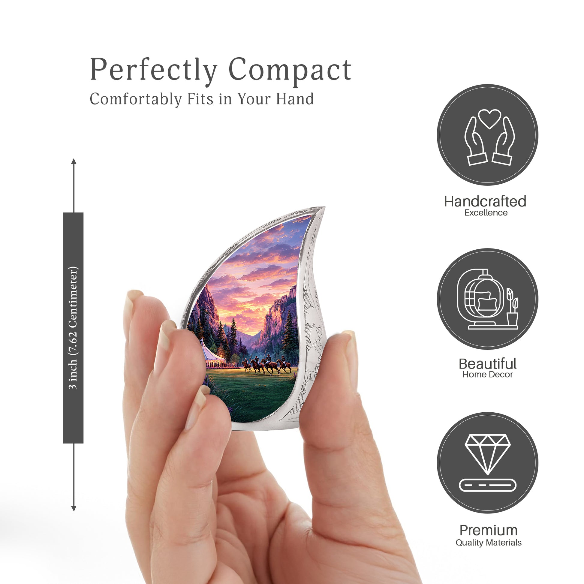 Sunrise Gold Horse Polo Cremation Urn angled view of lid and engraved motif - flowing teardrop horse polo silhouette on curved aluminum - mini keepsake memorial for portion of cremation ashes