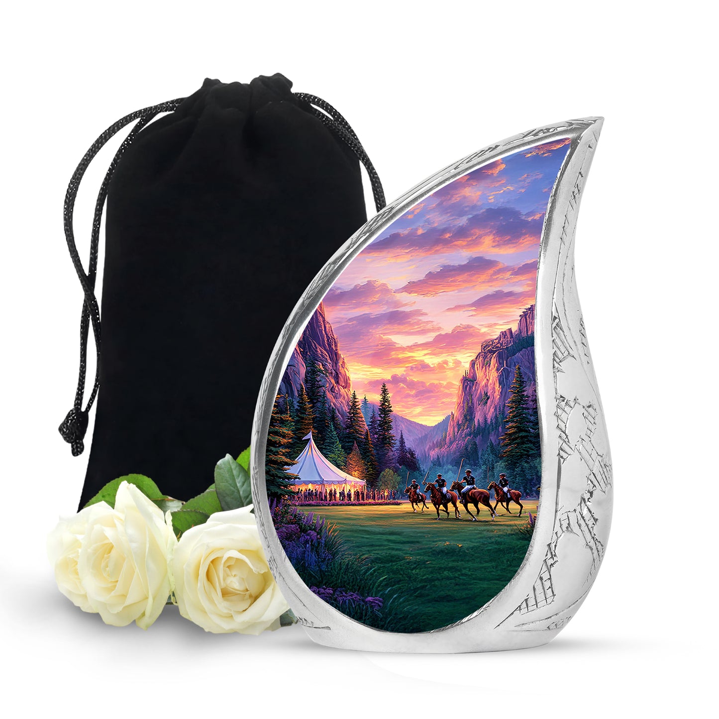 Burnished Gold Horse Polo Cremation Urn front view showing detailed design - graceful tear-shaped urn with horse polo motif - full-size 10 inch 200 cubic inch adult cremation urn