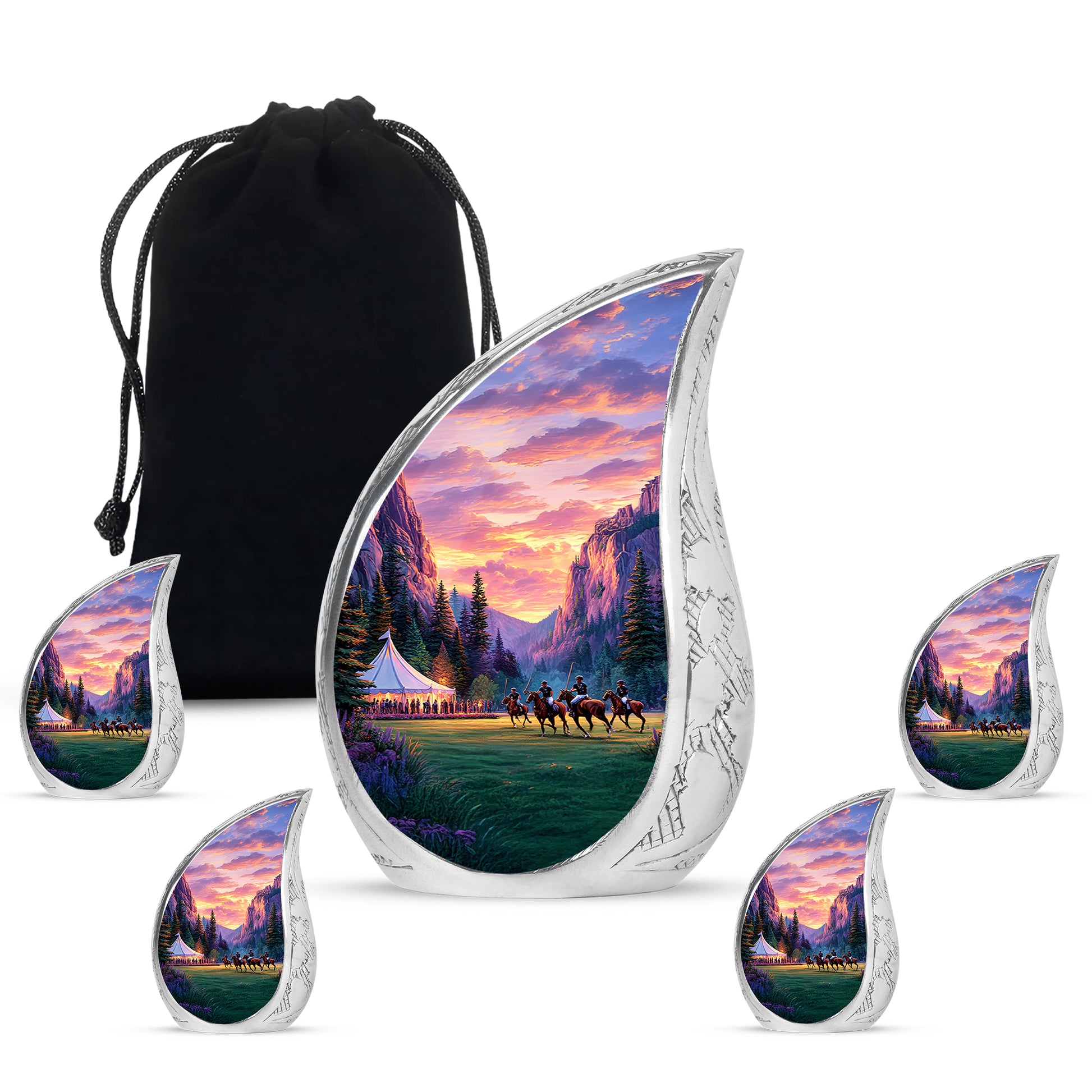 Matte Gold Horse Polo Cremation Urn side profile showing urn shape - smooth teardrop contour featuring horse polo art - memorial set with one large and four small urns
