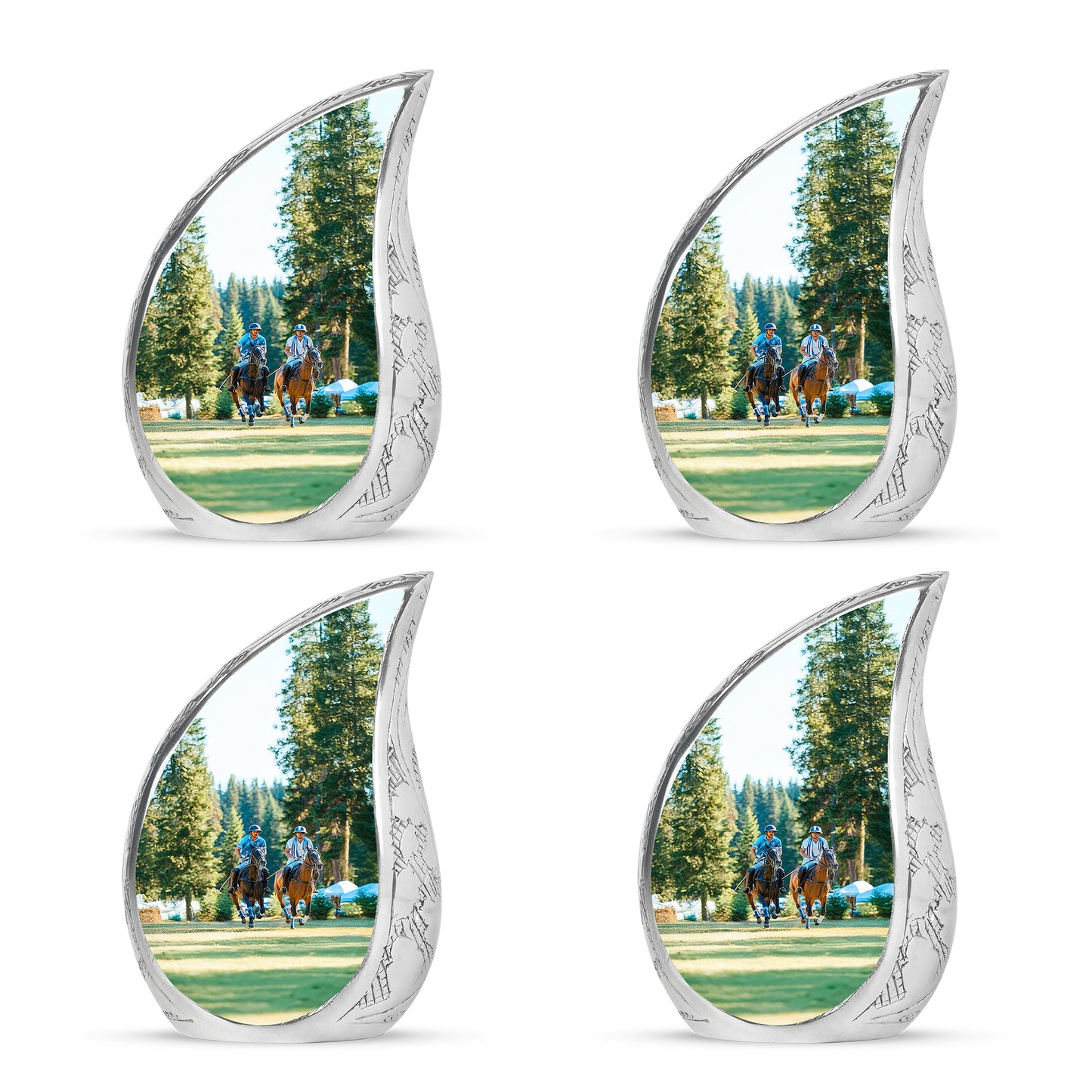 Hunter Green Horse Polo Cremation Urn close-up of engraving and surface detail - smooth teardrop contour featuring horse polo art - 10 inch aluminum urn for cremated remains