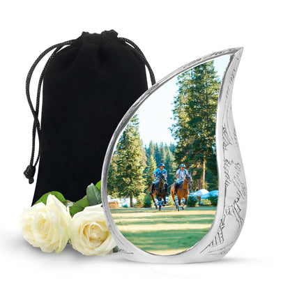 Jade Green Horse Polo Cremation Urn front view showing detailed design - flowing teardrop horse polo silhouette on curved aluminum - full-size 10 inch 200 cubic inch adult cremation urn