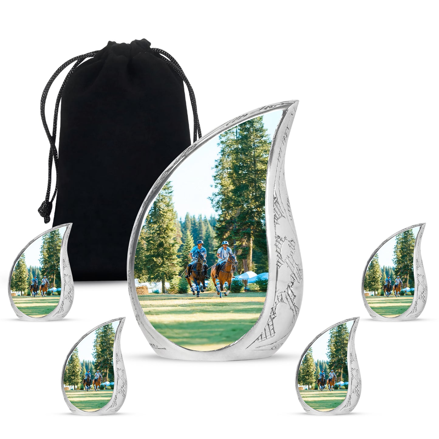 Moss Green Horse Polo Cremation Urn side profile showing urn shape - flowing teardrop horse polo silhouette on curved aluminum - memorial set with one large and four small urns