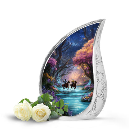 Luminous Black Horse Polo Legacy Urn for Human Ashes - 10-inch, 200 cu in - Yatskia