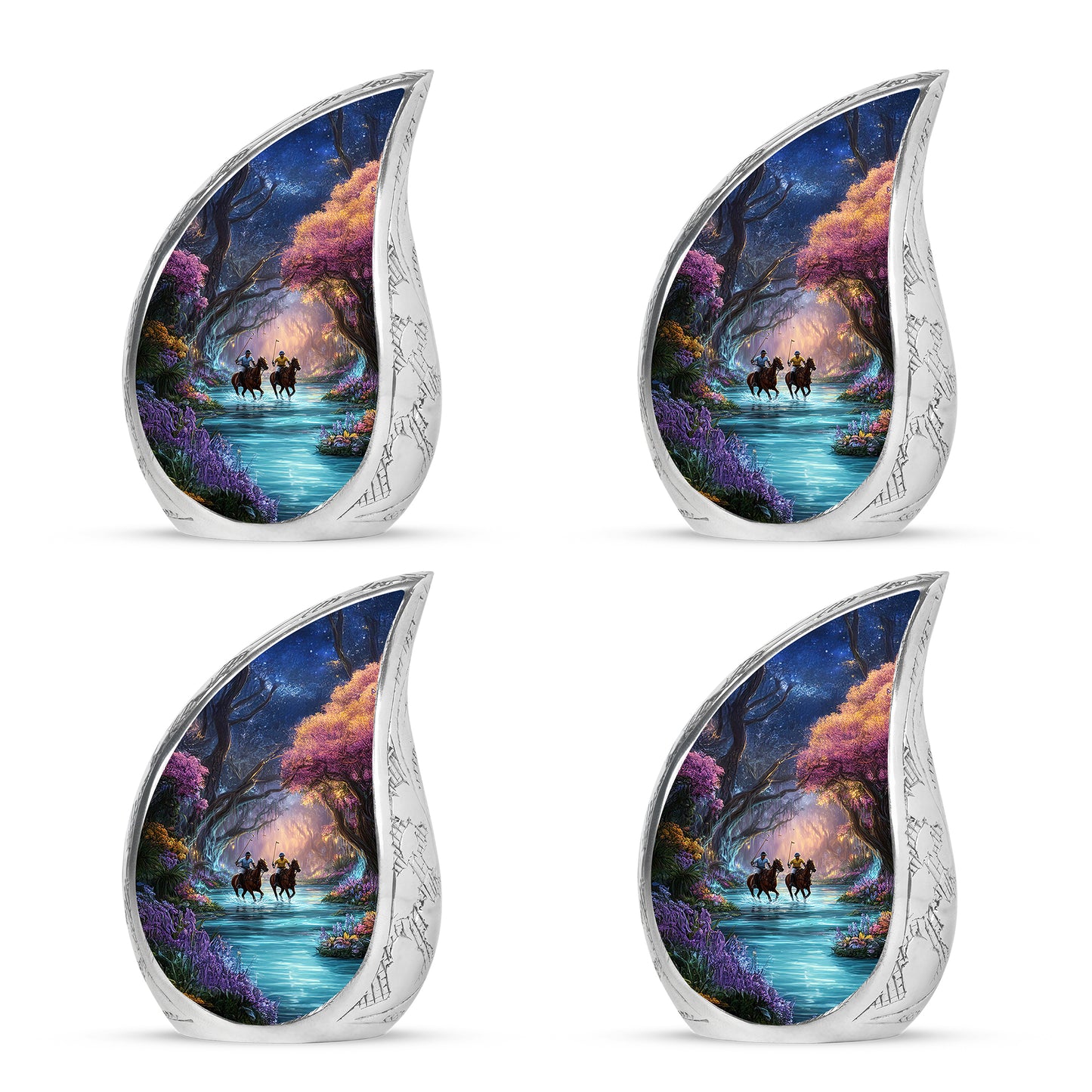 Jet Black Horse Polo Cremation Urn close-up of engraving and surface detail - flowing teardrop horse polo silhouette on curved aluminum - 10 inch aluminum urn for cremated remains