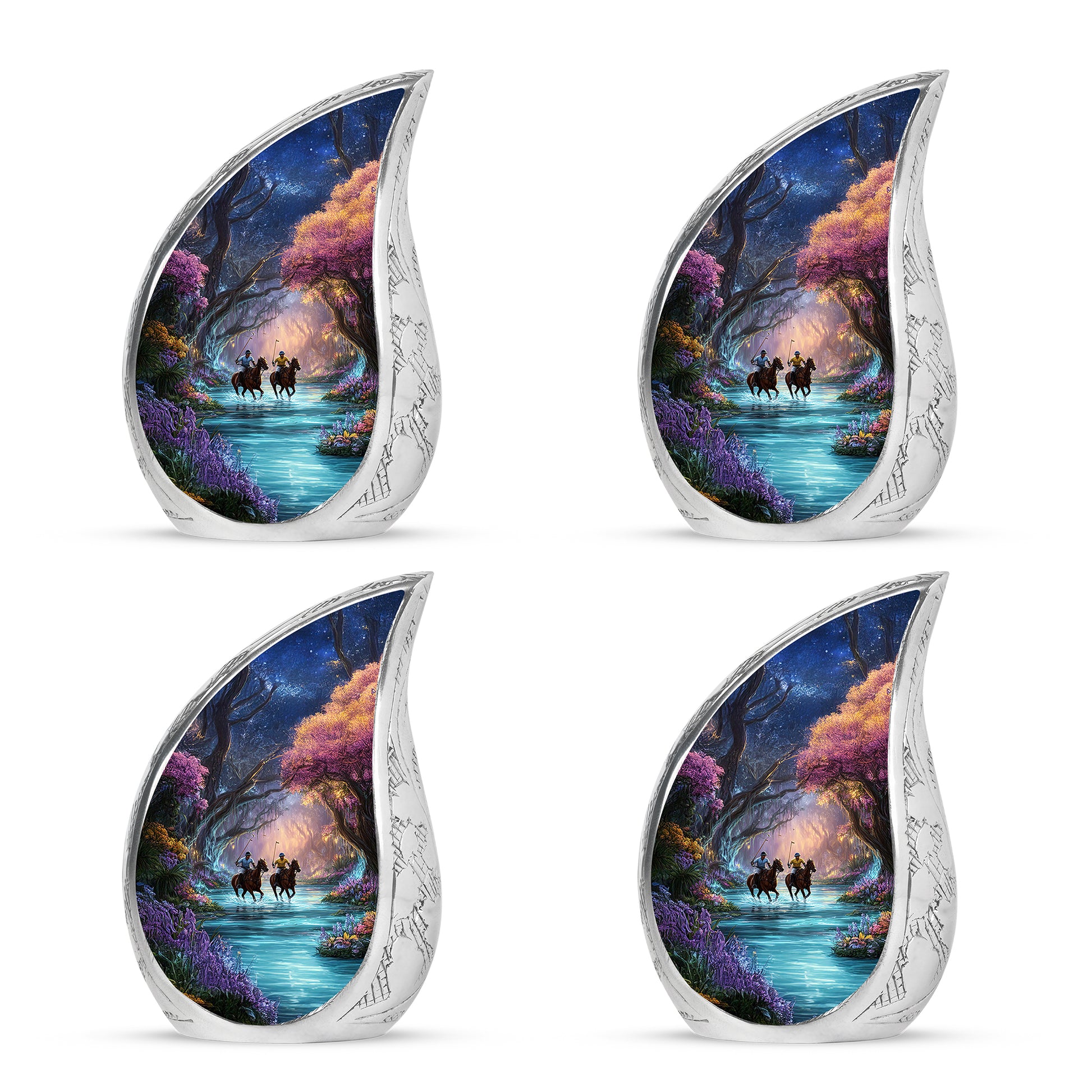 Jet Black Horse Polo Cremation Urn close-up of engraving and surface detail - flowing teardrop horse polo silhouette on curved aluminum - 10 inch aluminum urn for cremated remains