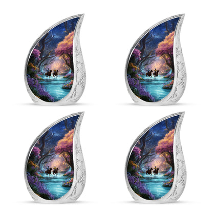 Jet Black Horse Polo Cremation Urn close-up of engraving and surface detail - flowing teardrop horse polo silhouette on curved aluminum - 10 inch aluminum urn for cremated remains