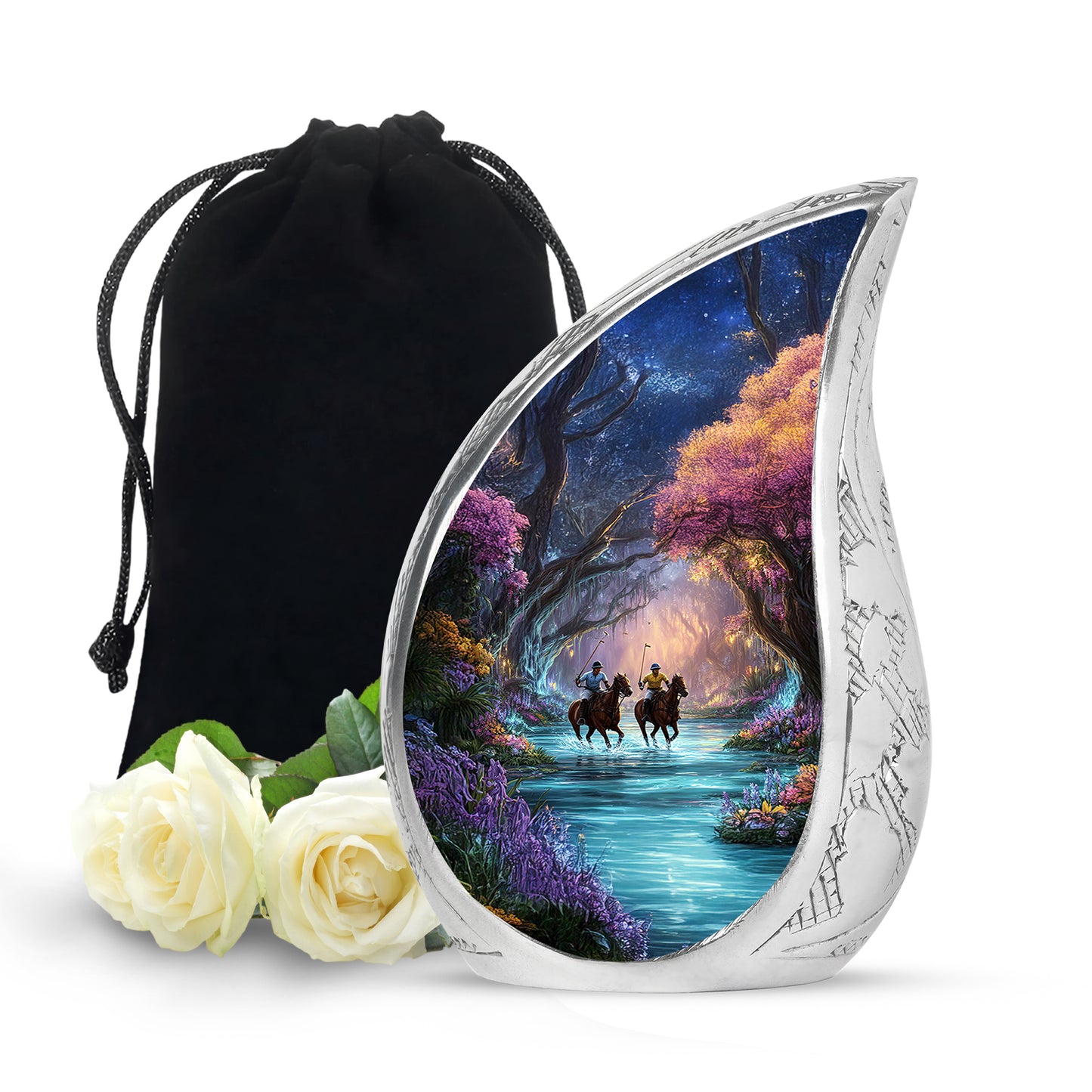Dark Black Horse Polo Cremation Urn front view showing detailed design - smooth teardrop contour featuring horse polo art - full-size 10 inch 200 cubic inch adult cremation urn