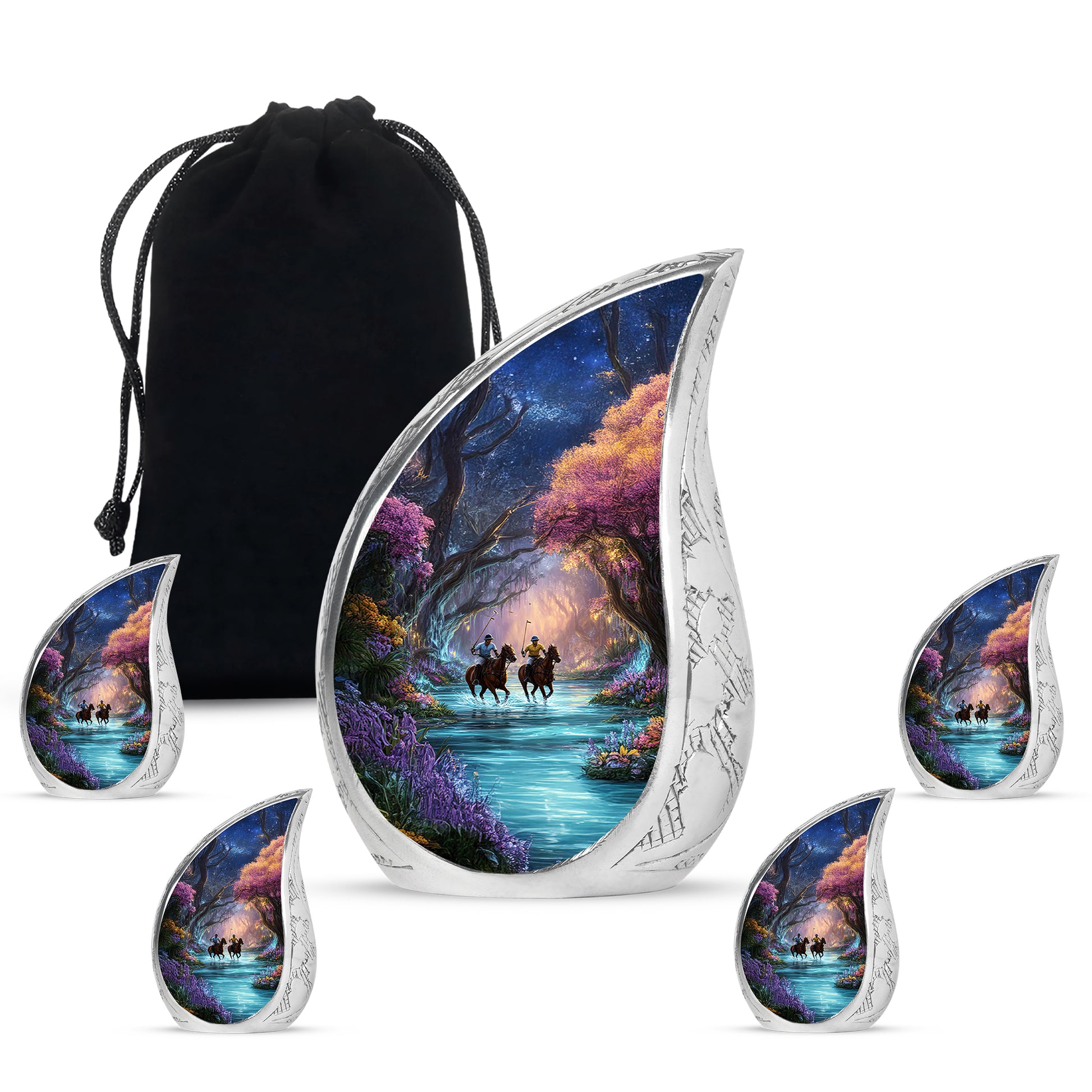 Jet Black Horse Polo Cremation Urn side profile showing urn shape - flowing teardrop horse polo silhouette on curved aluminum - memorial set with one large and four small urns