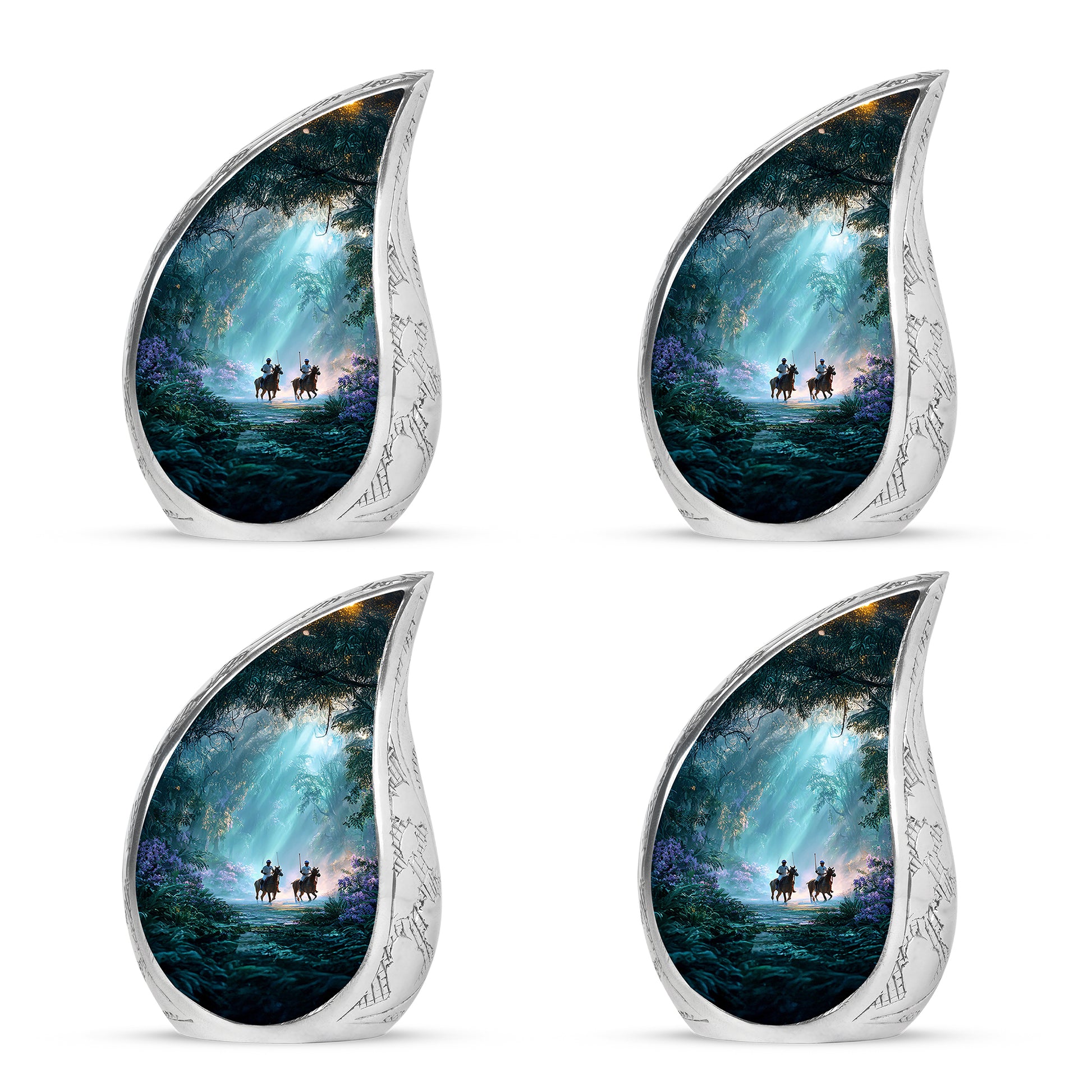 Vivid Teal Horse Polo Cremation Urn close-up of engraving and surface detail - graceful tear-shaped urn with horse polo motif - 10 inch aluminum urn for cremated remains