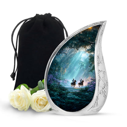 Jewel Teal Horse Polo Cremation Urn front view showing detailed design - rounded teardrop horse polo design with delicate detail - full-size 10 inch 200 cubic inch adult cremation urn