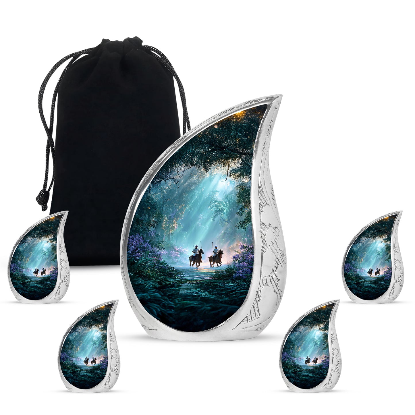 Mystic Teal Horse Polo Cremation Urn side profile showing urn shape - smooth teardrop contour featuring horse polo art - memorial set with one large and four small urns