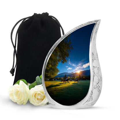 Serene Blue Horse Polo Cremation Urn front view showing detailed design - graceful tear-shaped urn with horse polo motif - full-size 10 inch 200 cubic inch adult cremation urn