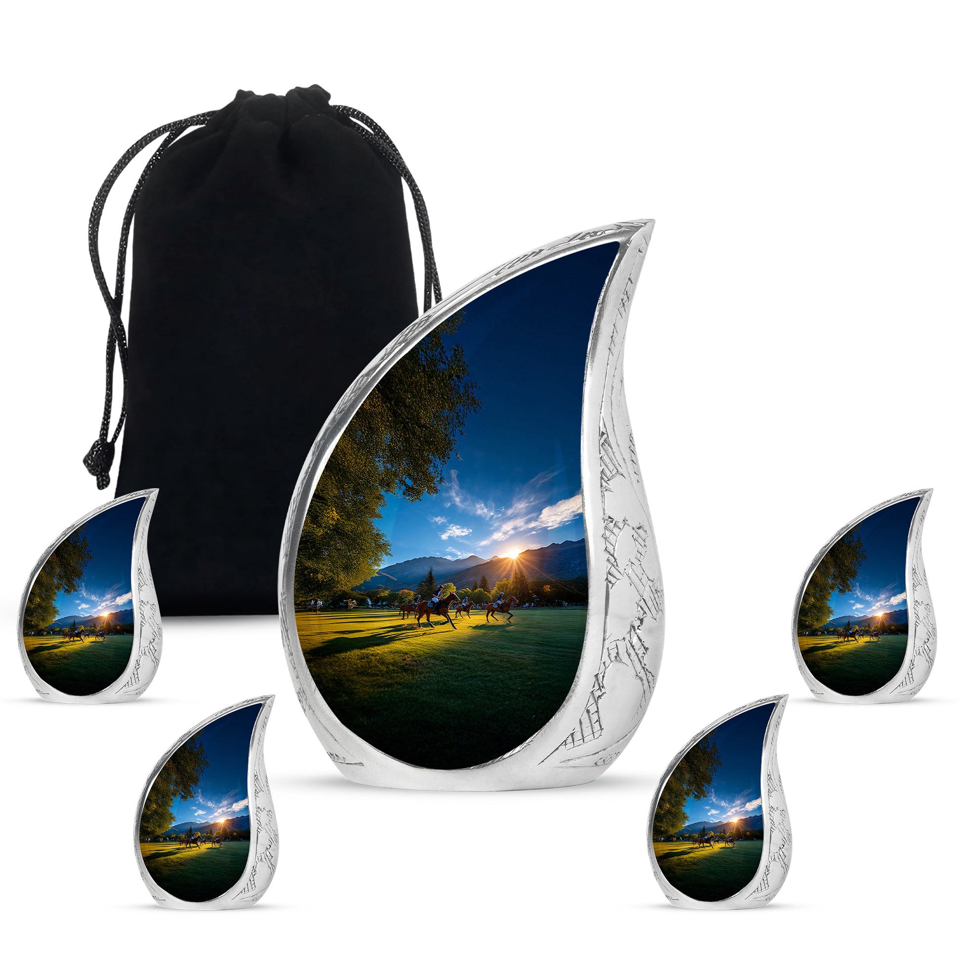 Icy Blue Horse Polo Cremation Urn side profile showing urn shape - flowing teardrop horse polo silhouette on curved aluminum - memorial set with one large and four small urns