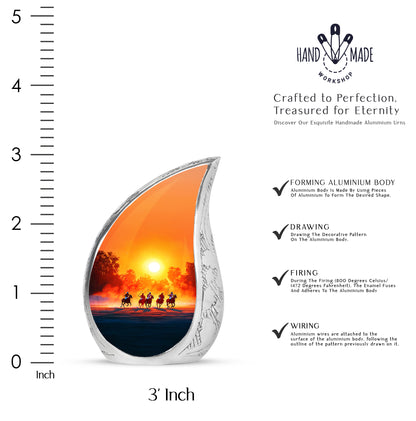 Champagne Gold Horse Polo Cremation Urn angled view of lid and engraved motif - flowing teardrop horse polo silhouette on curved aluminum - mini keepsake memorial for portion of cremation ashes