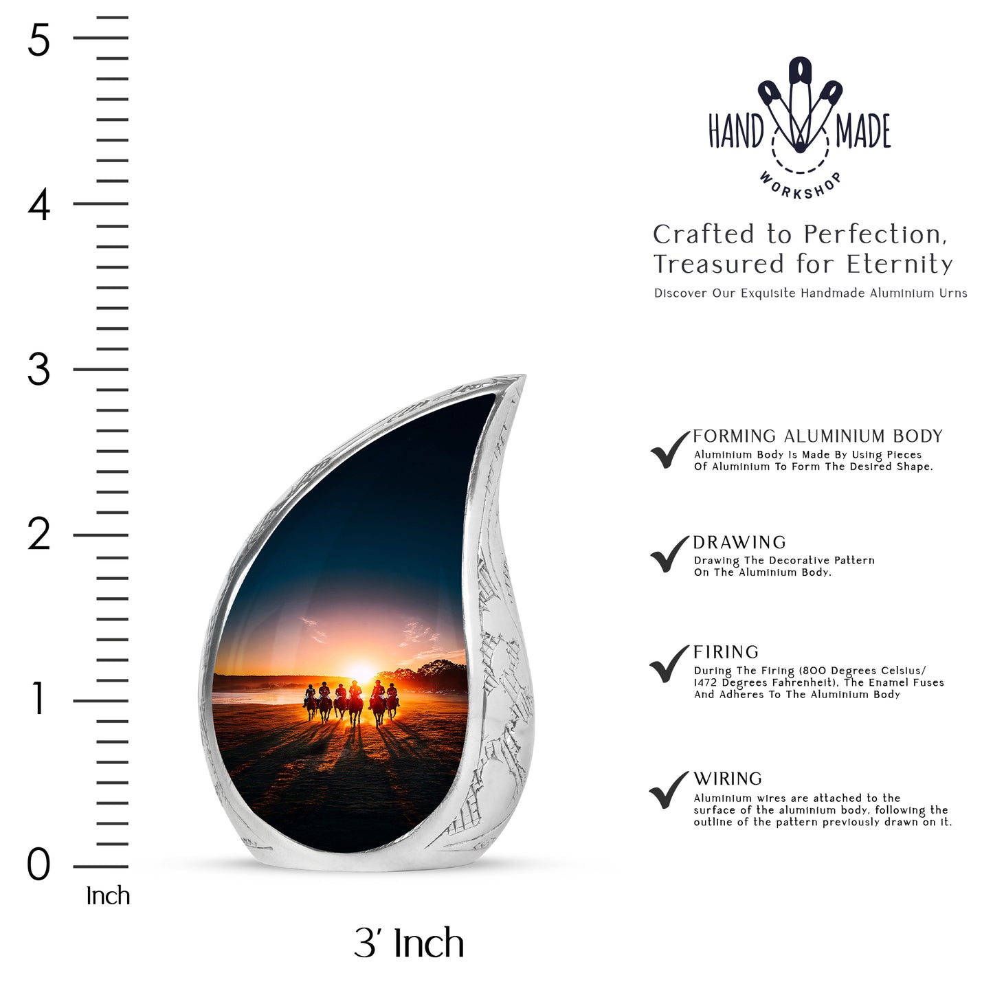 Charcoal Black Horse Polo Cremation Urn angled view of lid and engraved motif - smooth teardrop contour featuring horse polo art - mini keepsake memorial for portion of cremation ashes
