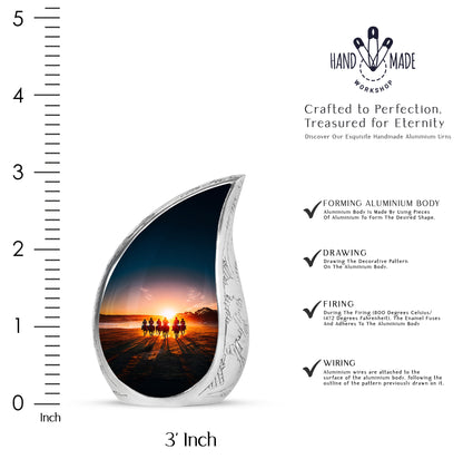 Charcoal Black Horse Polo Cremation Urn angled view of lid and engraved motif - smooth teardrop contour featuring horse polo art - mini keepsake memorial for portion of cremation ashes