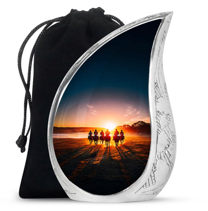 Midnight Black Horse Polo Cremation Urn front view showing detailed design - smooth teardrop contour featuring horse polo art - full-size 10 inch 200 cubic inch adult cremation urn