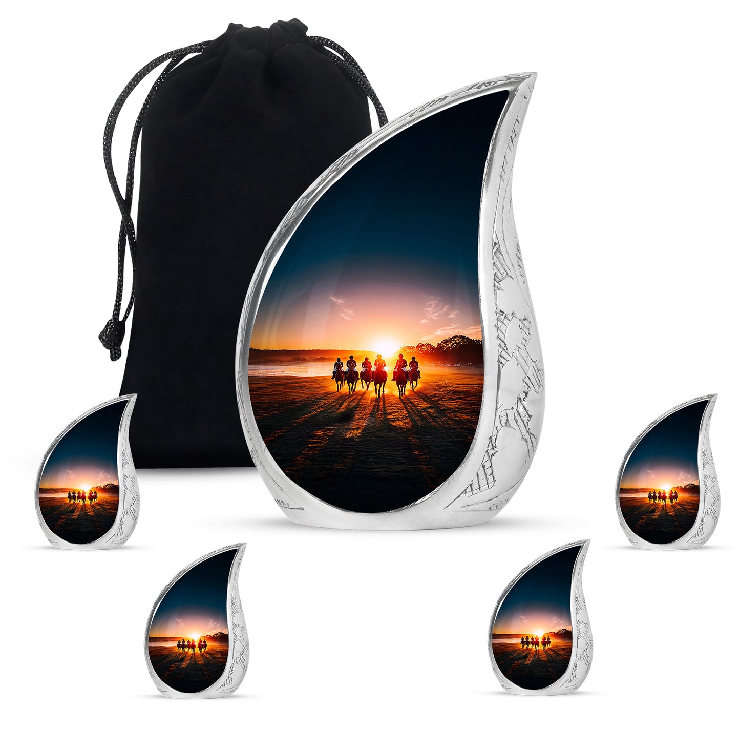 Glossy Black Horse Polo Cremation Urn side profile showing urn shape - rounded teardrop horse polo design with delicate detail - memorial set with one large and four small urns