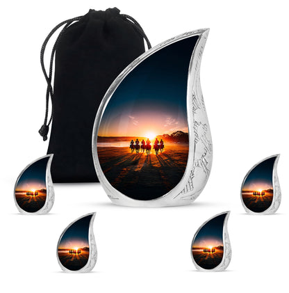 Glossy Black Horse Polo Cremation Urn side profile showing urn shape - rounded teardrop horse polo design with delicate detail - memorial set with one large and four small urns