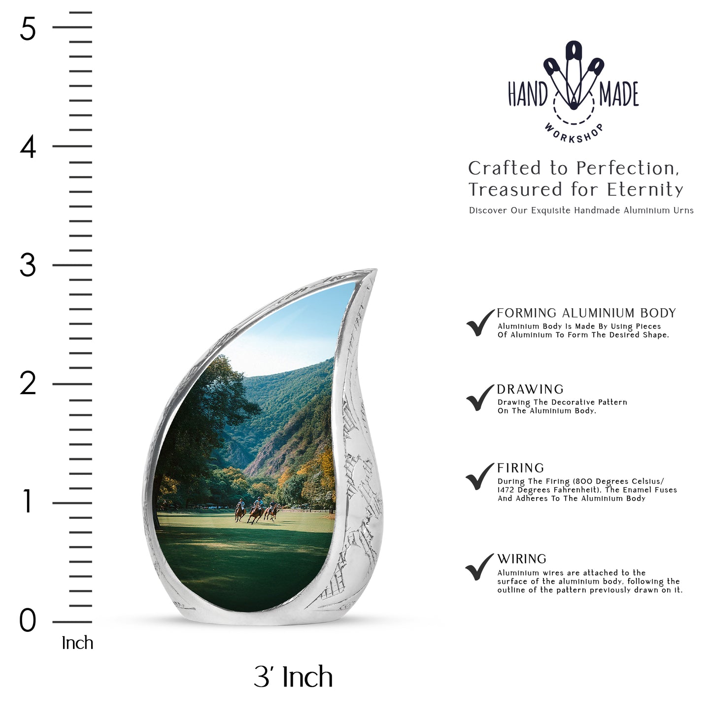 Soft Teal Horse Polo Cremation Urn angled view of lid and engraved motif - flowing teardrop horse polo silhouette on curved aluminum - mini keepsake memorial for portion of cremation ashes
