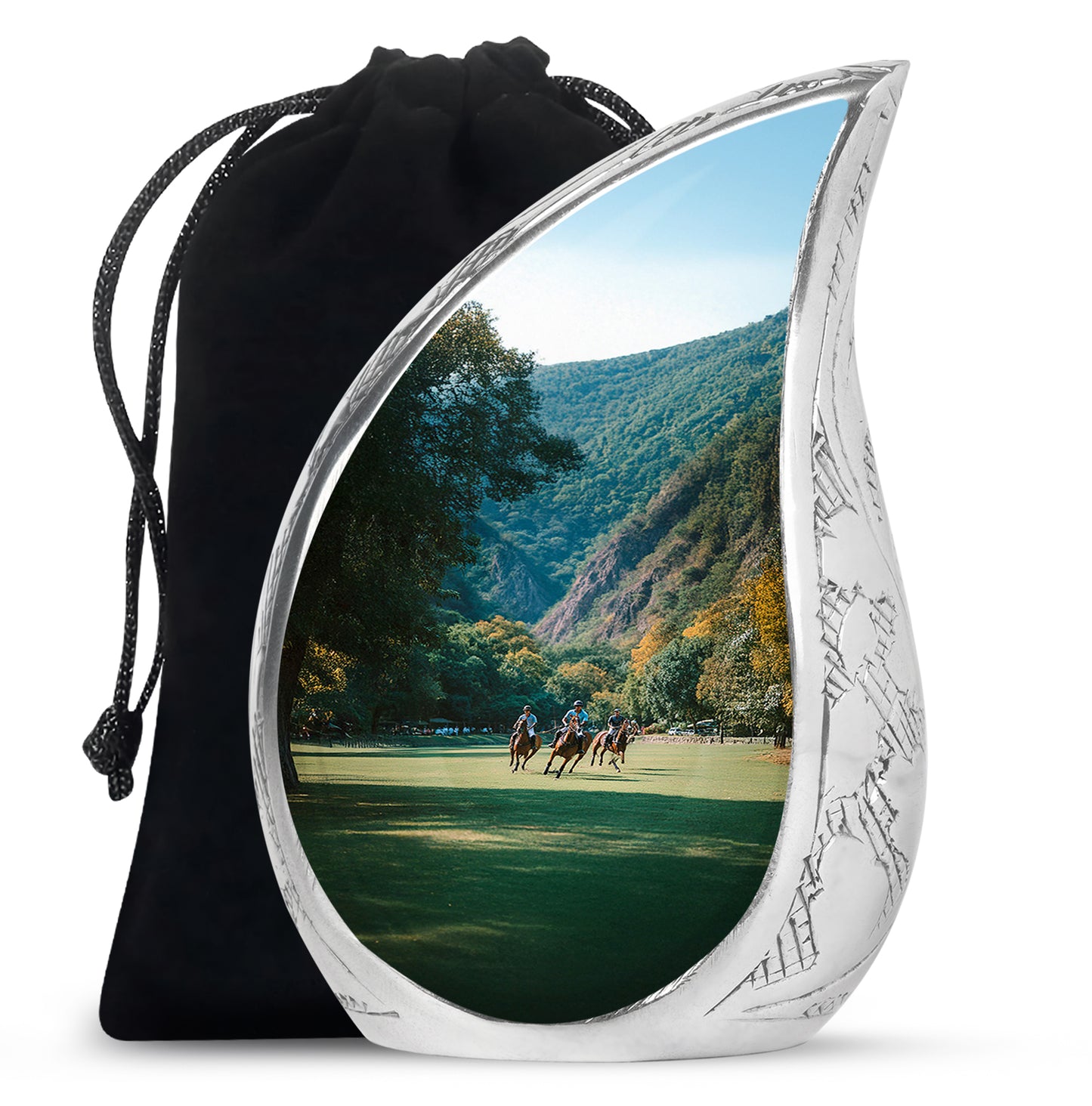 Vivid Teal Horse Polo Cremation Urn front view showing detailed design - graceful tear-shaped urn with horse polo motif - full-size 10 inch 200 cubic inch adult cremation urn