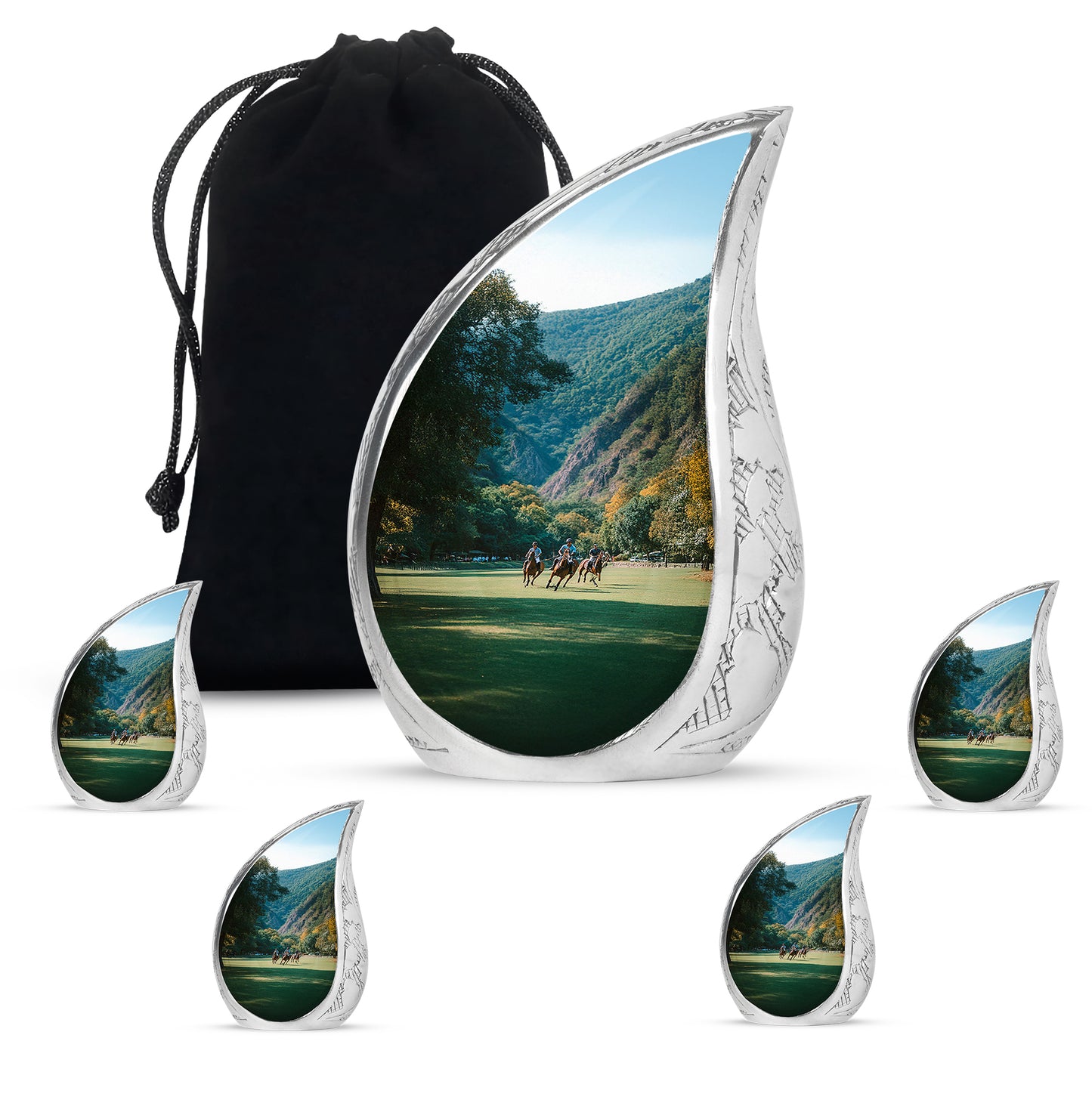 Jewel Teal Horse Polo Cremation Urn side profile showing urn shape - flowing teardrop horse polo silhouette on curved aluminum - memorial set with one large and four small urns