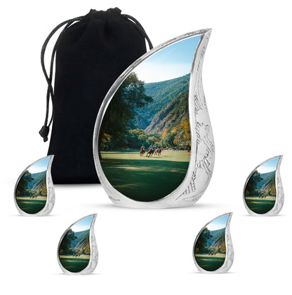 Jewel Teal Horse Polo Cremation Urn side profile showing urn shape - flowing teardrop horse polo silhouette on curved aluminum - memorial set with one large and four small urns