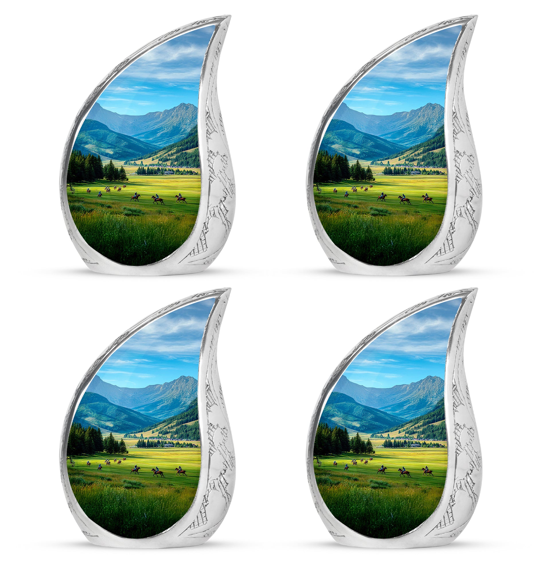 Sky Blue Horse Polo Cremation Urn close-up of engraving and surface detail - rounded teardrop horse polo design with delicate detail - 10 inch aluminum urn for cremated remains