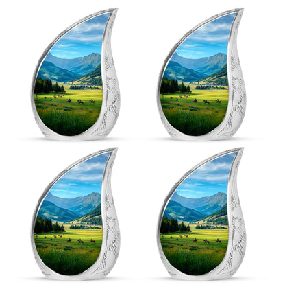 Sky Blue Horse Polo Cremation Urn close-up of engraving and surface detail - rounded teardrop horse polo design with delicate detail - 10 inch aluminum urn for cremated remains