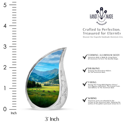Indigo Horse Polo Cremation Urn angled view of lid and engraved motif - flowing teardrop horse polo silhouette on curved aluminum - mini keepsake memorial for portion of cremation ashes
