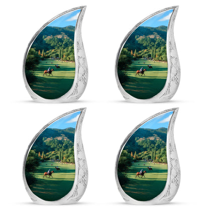 Olive Green Horse Polo Cremation Urn close-up of engraving and surface detail - smooth teardrop contour featuring horse polo art - 10 inch aluminum urn for cremated remains