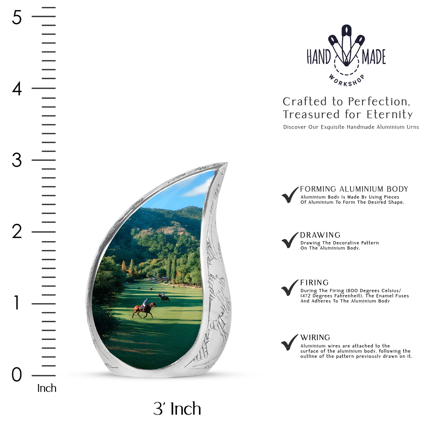 Jade Green Horse Polo Cremation Urn angled view of lid and engraved motif - flowing teardrop horse polo silhouette on curved aluminum - mini keepsake memorial for portion of cremation ashes