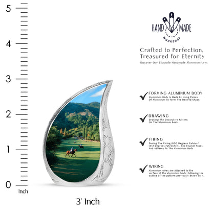 Jade Green Horse Polo Cremation Urn angled view of lid and engraved motif - flowing teardrop horse polo silhouette on curved aluminum - mini keepsake memorial for portion of cremation ashes