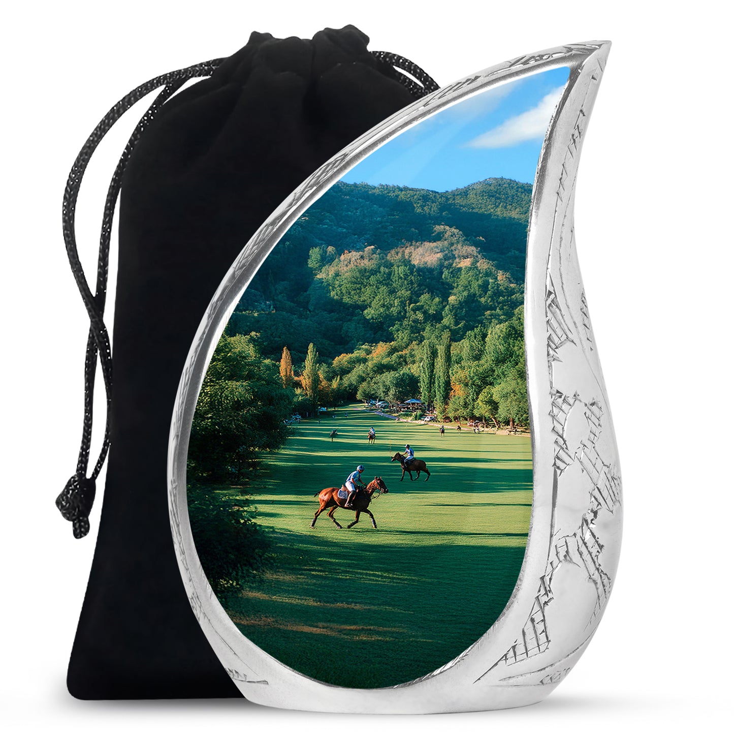 Jade Green Horse Polo Cremation Urn front view showing detailed design - flowing teardrop horse polo silhouette on curved aluminum - full-size 10 inch 200 cubic inch adult cremation urn