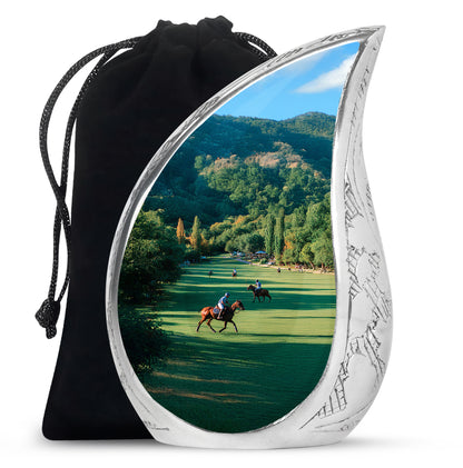 Jade Green Horse Polo Cremation Urn front view showing detailed design - flowing teardrop horse polo silhouette on curved aluminum - full-size 10 inch 200 cubic inch adult cremation urn