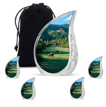 Sage Green Horse Polo Cremation Urn side profile showing urn shape - flowing teardrop horse polo silhouette on curved aluminum - memorial set with one large and four small urns