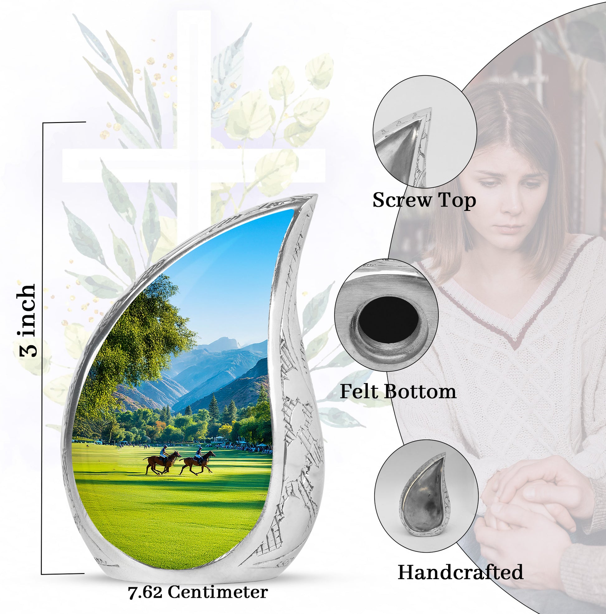Vivid Teal Horse Polo Cremation Urn angled view of lid and engraved motif - smooth teardrop contour featuring horse polo art - mini keepsake memorial for portion of cremation ashes