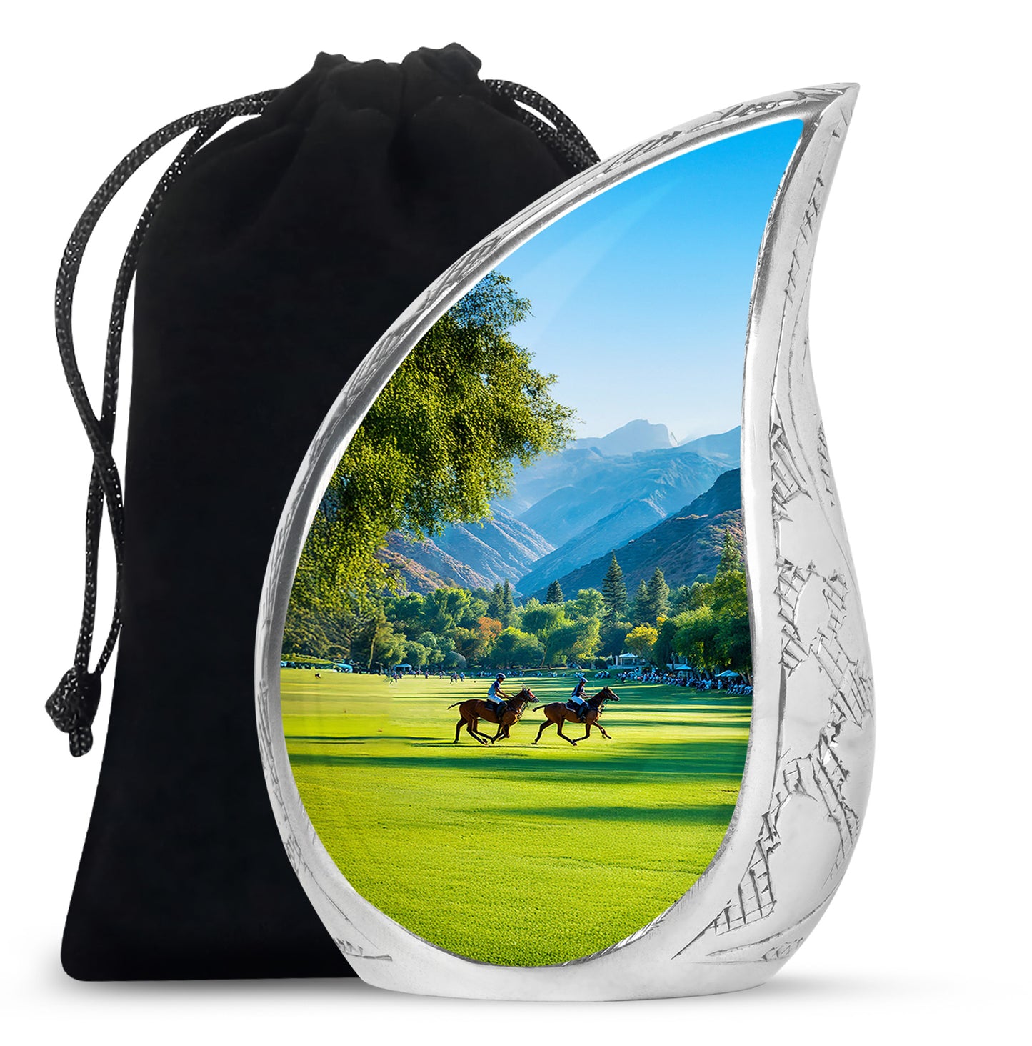 Aqua Teal Horse Polo Cremation Urn front view showing detailed design - graceful tear-shaped urn with horse polo motif - full-size 10 inch 200 cubic inch adult cremation urn