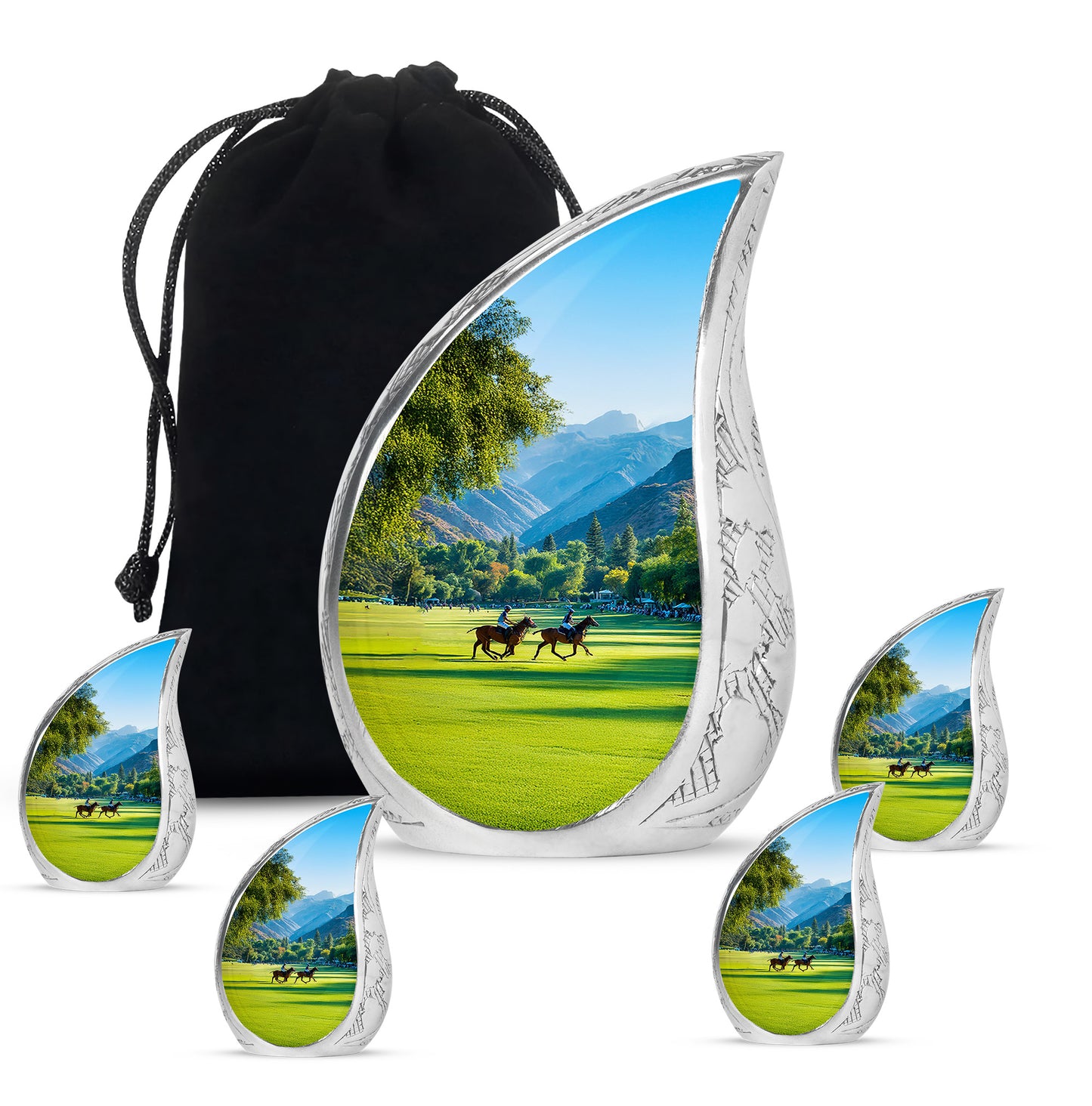 Aqua Teal Horse Polo Cremation Urn side profile showing urn shape - smooth teardrop contour featuring horse polo art - memorial set with one large and four small urns