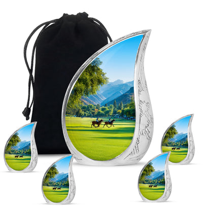 Aqua Teal Horse Polo Cremation Urn side profile showing urn shape - smooth teardrop contour featuring horse polo art - memorial set with one large and four small urns