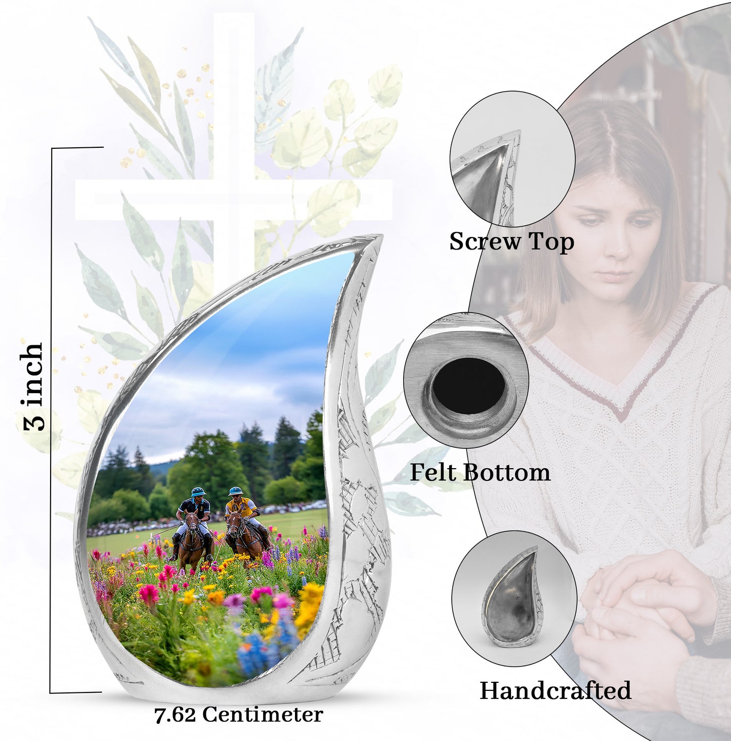 Charcoal Gray Horse Polo Cremation Urn angled view of lid and engraved motif - flowing teardrop horse polo silhouette on curved aluminum - mini keepsake memorial for portion of cremation ashes