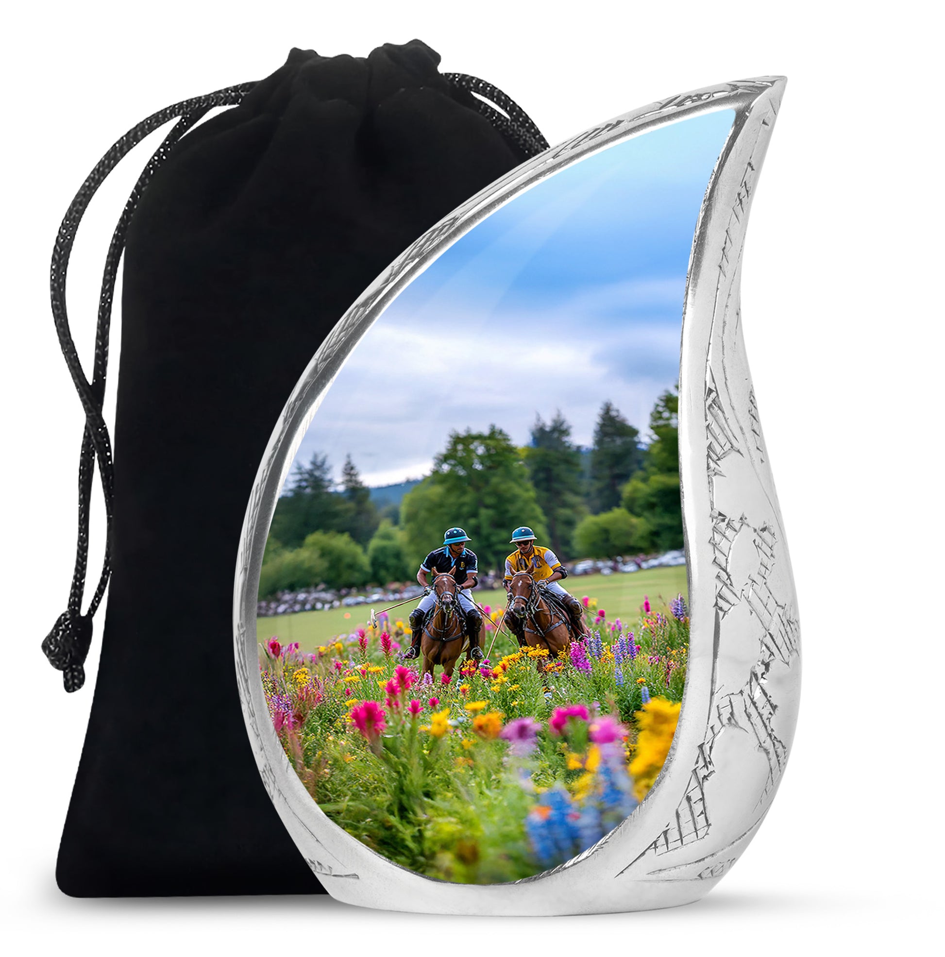 Slate Gray Horse Polo Cremation Urn front view showing detailed design - smooth teardrop contour featuring horse polo art - full-size 10 inch 200 cubic inch adult cremation urn
