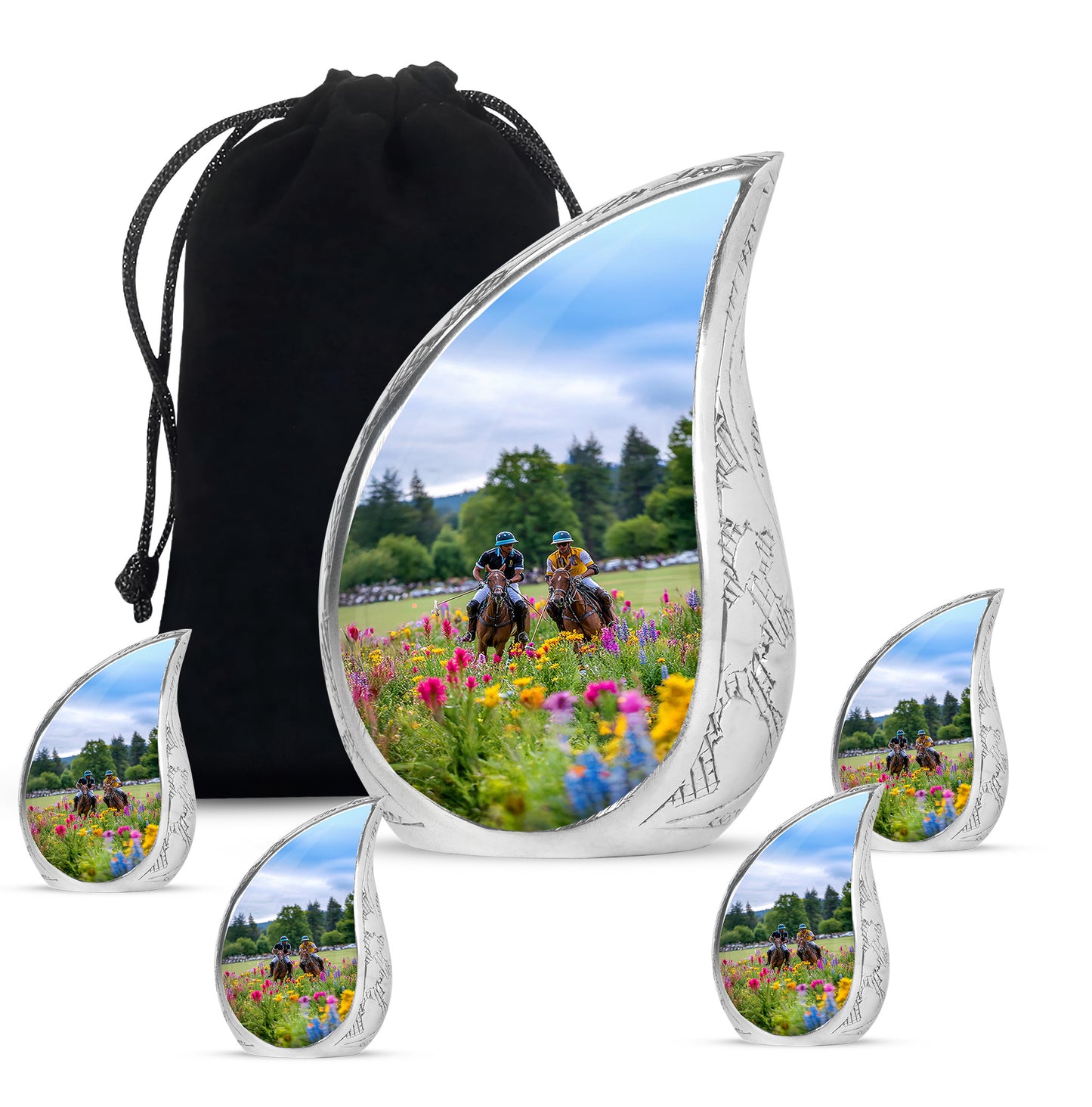 Storm Gray Horse Polo Cremation Urn side profile showing urn shape - graceful tear-shaped urn with horse polo motif - memorial set with one large and four small urns
